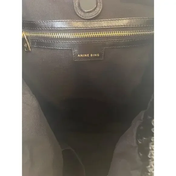 Anine Bing Kate Embossed Large Black Lamb Leather Boho Shoulder Tote - Picture 10 of 15